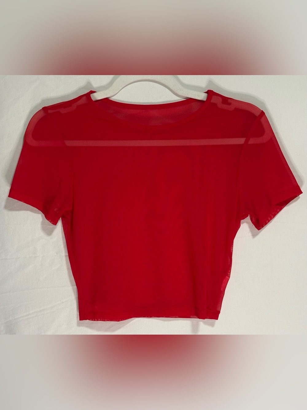 Red Sheer Mesh Short Sleeve Crop Top Y2K